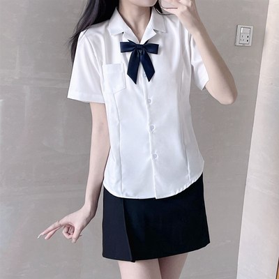 【刺篇】超显瘦~jk韩式制服V领开襟收腰短袖衬衫白衬衣女夏季新款