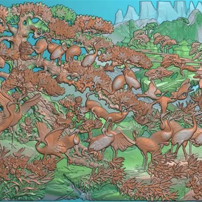 精雕图松鹤松树 大仙鹤图3090x1180x80 动物花鸟东阳木雕工艺品