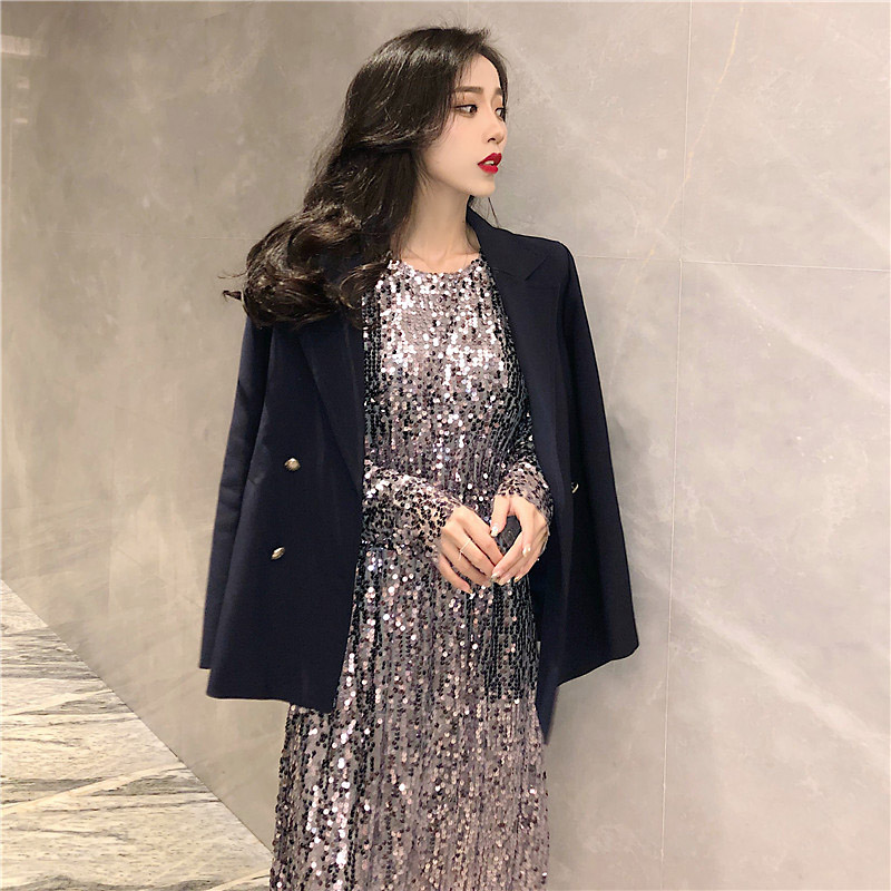 舞台表演聚会礼服长袖打底裙子Bling闪闪亮片修身显瘦高腰连衣裙