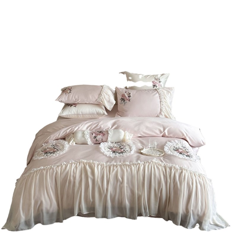 仙女风法式轻奢公主100S长绒棉四件套绣花雪纺花边工艺款