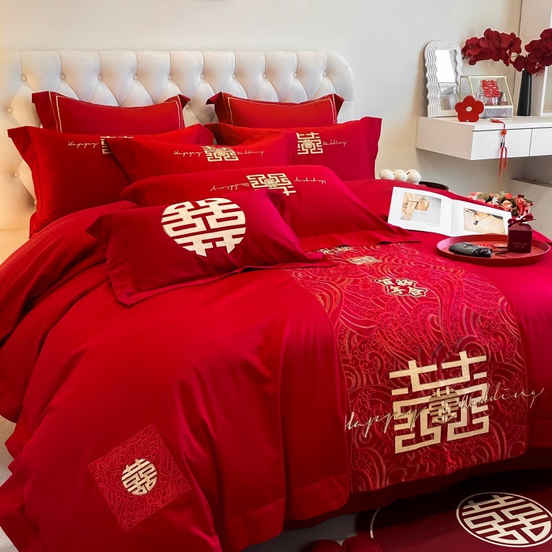 结婚四件套喜庆红色全纯水洗棉磨毛亲肤棉被套新婚庆陪嫁床上用品