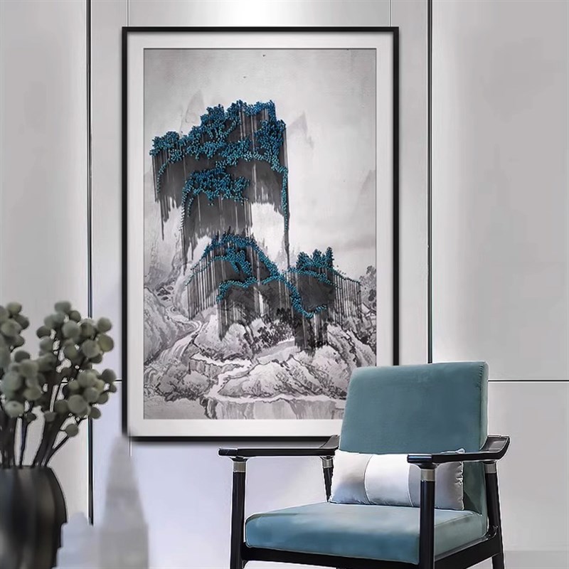 新中式玄关客厅背景风景装饰画别墅酒店手工实物立体钉子竖版挂画图片
