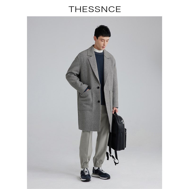 羊毛混纺花纱粗斜纹 时髦都市感剪边工艺 毛边西装领毛呢大衣冬男