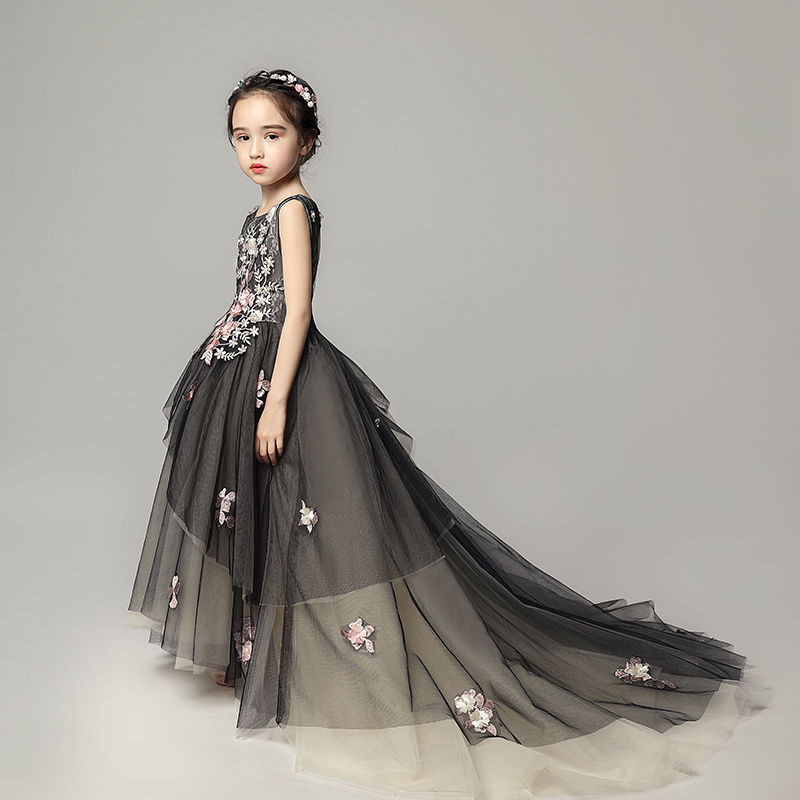 儿童婚纱裙拖尾晚礼服女童公主裙蓬蓬纱黑色模特走秀钢琴表演服冬