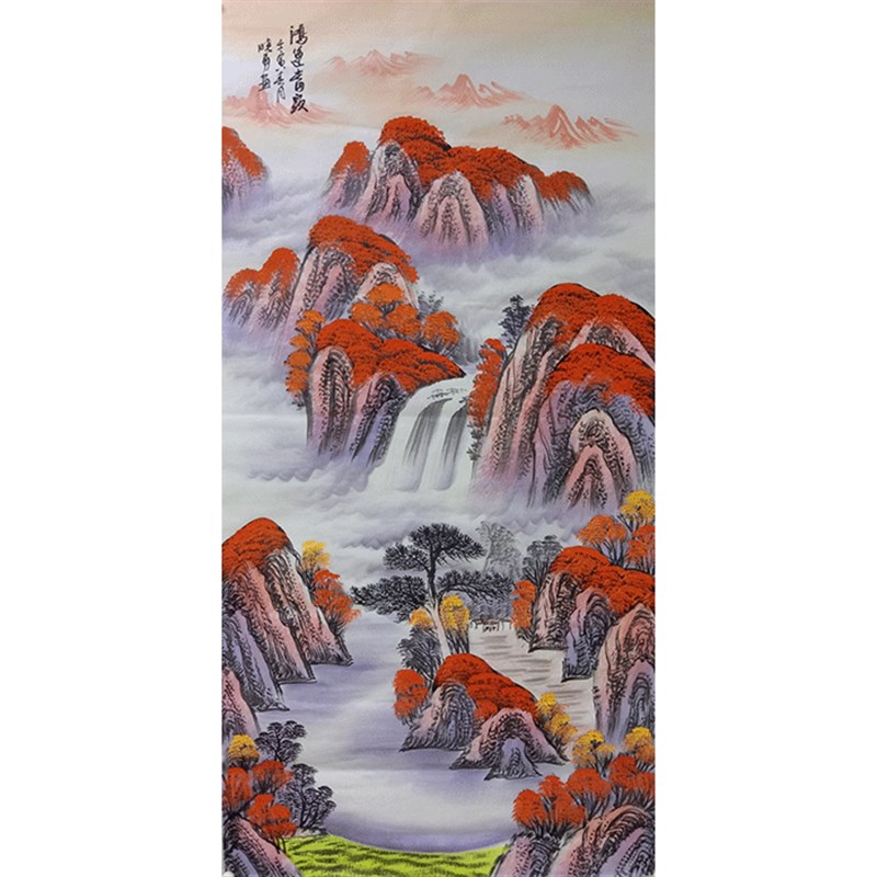 纯手绘国画四尺竖幅山水鸿运当头四尺玄关挂画旭日东升装饰画