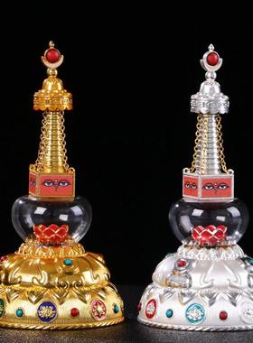 水晶舍利塔摆件藏式民族风桌面供奉用品镶嵌彩珠彩绘天眼菩提塔