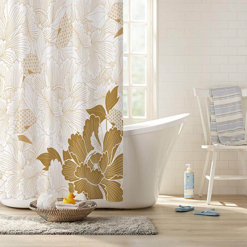 金色中式清新防水布加厚防霉浴帘挂钩套装免打孔定制尺寸干湿分离,家庭/个人清洁工具,浴帘,淘宝优惠券,粉丝福利购,淘宝优惠卷