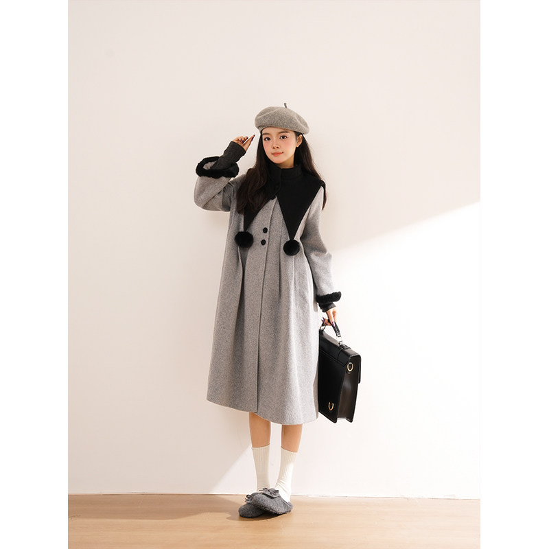 【冬日小魔女】日系可爱蝴蝶结毛球披肩+纽扣裙大衣中长外套两件