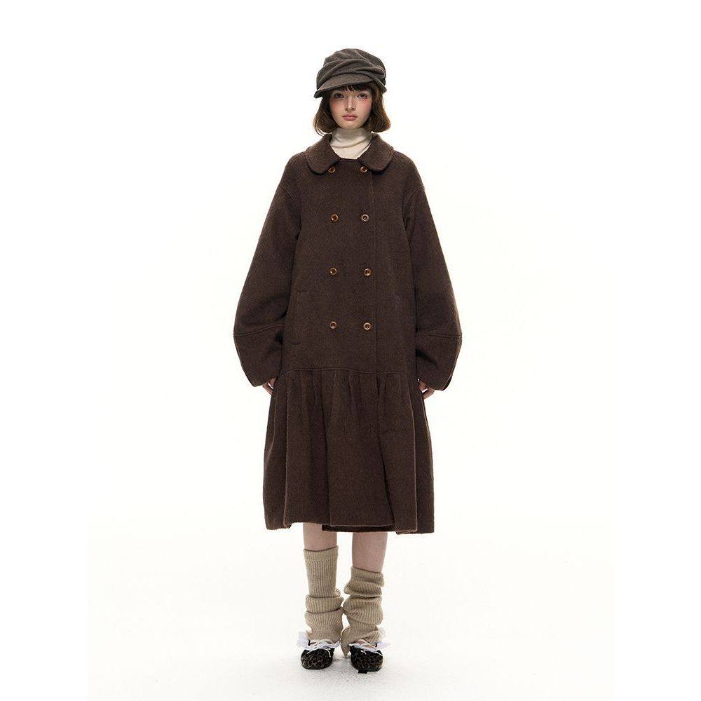 日系复古气质棕色双排扣宽松毛呢大衣女冬季学院风中长款呢子外套