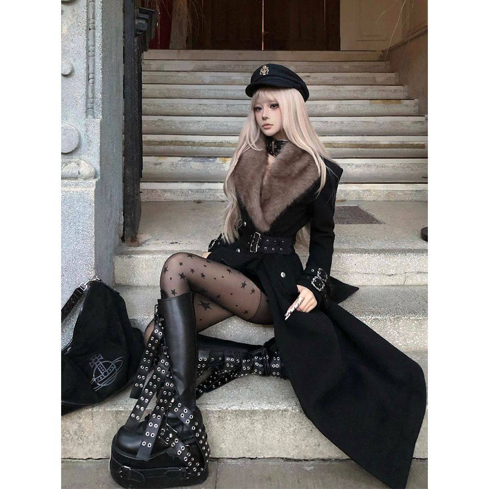 涩谷辣妹 冬季毛毛收腰修身朋克甜酷亚文化暗黑系中长款大衣套装