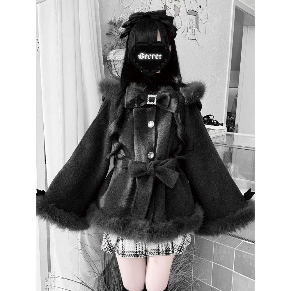 【洛芙蝶境】清楚系日系冬季甜美蝴蝶结毛呢外套小个子女冬季新款