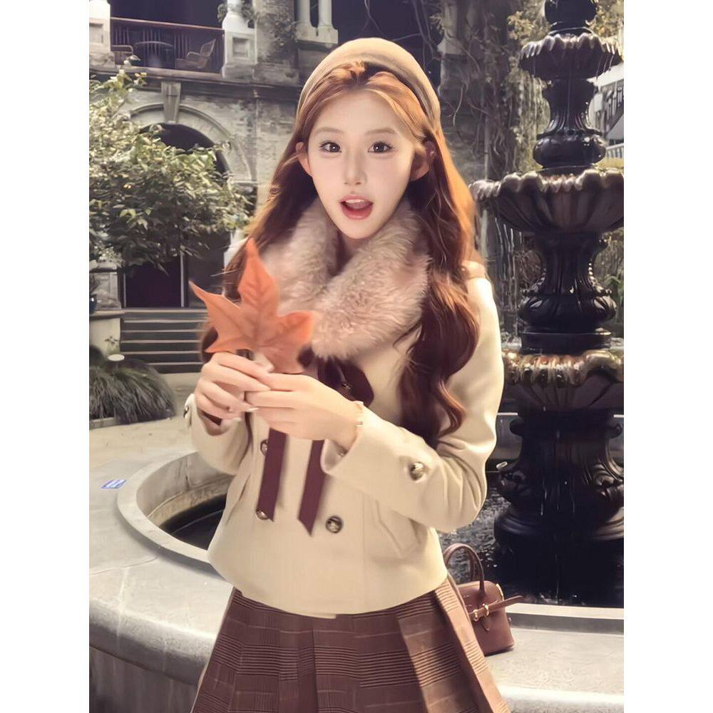 【日落霞山】短款可拆卸毛领收腰毛呢外套百褶裙套装秋冬百搭女装