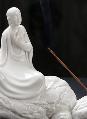 瓷语堂白瓷禅意境空间装饰摆件新中式茶道茶室家居香插坐岩小沙弥