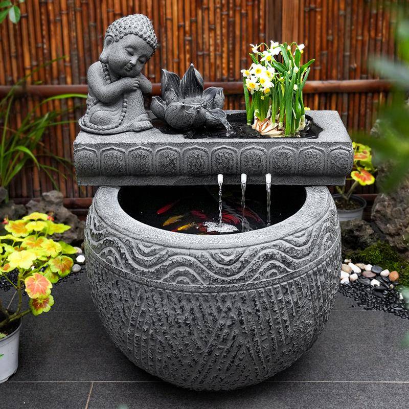 新中式流水景观户外庭院喷泉鱼缸循环水花园装饰摆饰室外鱼池造景