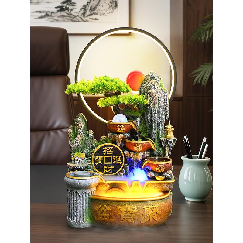 招财流水摆件循环水景观聚宝盆客厅办公室桌面风水轮开业乔迁礼物