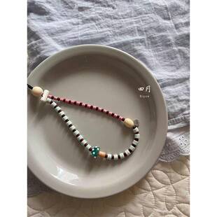 原创设计可爱蓝粉蘑菇撞色彩色童趣串珠手机挂绳 相机可携式挂炼