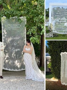 定制带字蕾丝纱背景挂布迎宾牌订婚礼拍照道具打卡点网红装饰布置