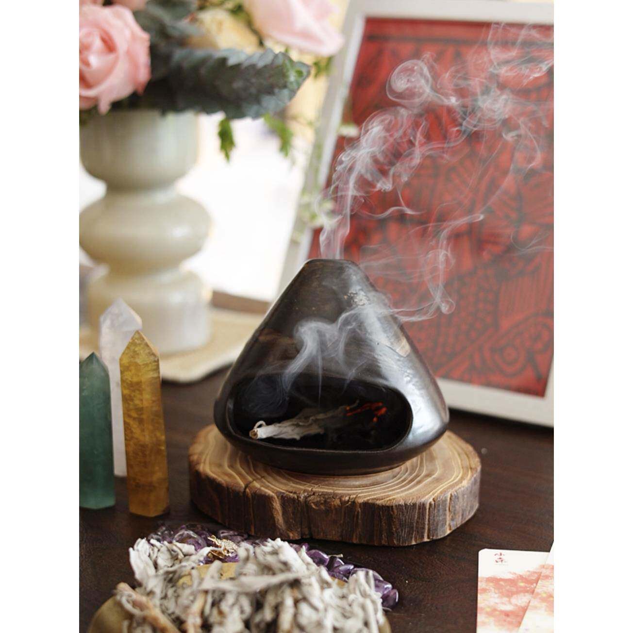 小森之家手作陶瓷氛围小壁炉香薰白鼠尾草圣木草仗燃熏托盘摆件