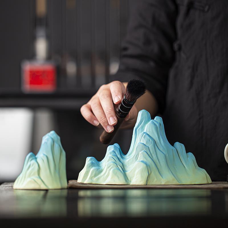 假山摆件新中式禅意摆设桌面鱼缸造景文创装饰品祇此青绿千里江山