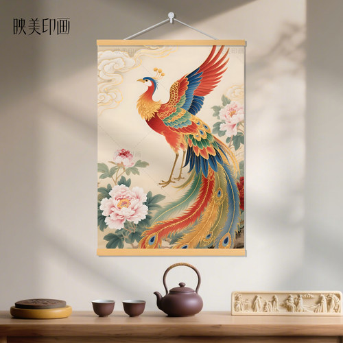 新款国风凤凰工笔神鸟挂画玄关走廊客厅玄关百鸟朝凤招财装饰挂画