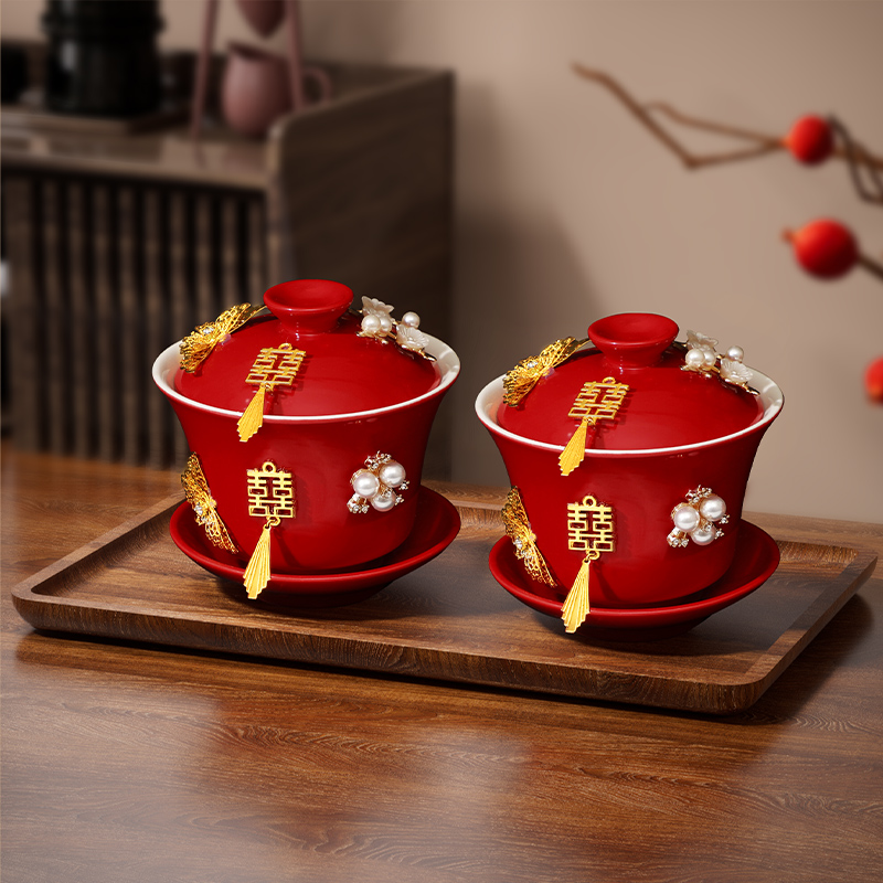 结婚敬茶杯套装改口茶具红碗筷女方陪嫁喜碗M对碗杯子婚礼用品大