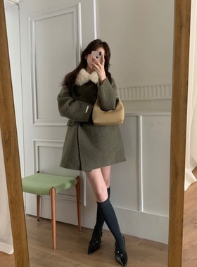 非真实价格：韩国Chic韩系休闲简约百搭翻领双面苏丽羊绒大衣外套