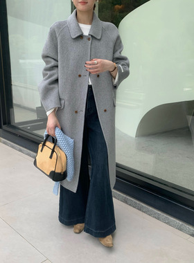 非真实价格：韩国Chic 休闲简约百搭灰色长款双面羊绒大衣外套