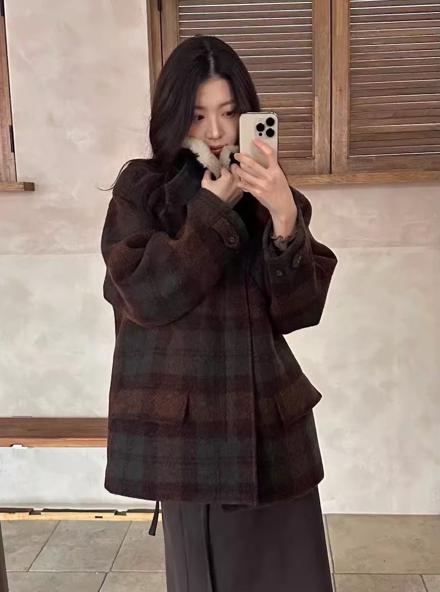 非真实价格：韩国Chic复古英伦风格子赫本风小个子羊毛大衣大衣