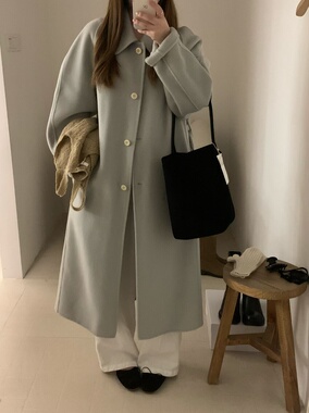 非真实价格：韩国Chic 休闲简约百搭水蓝色长款双面羊绒大 hemp