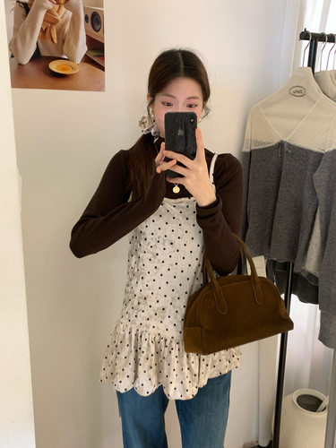 非真实价格：韩国Chic韩系休闲简约百搭圆领波点吊带连衣裙