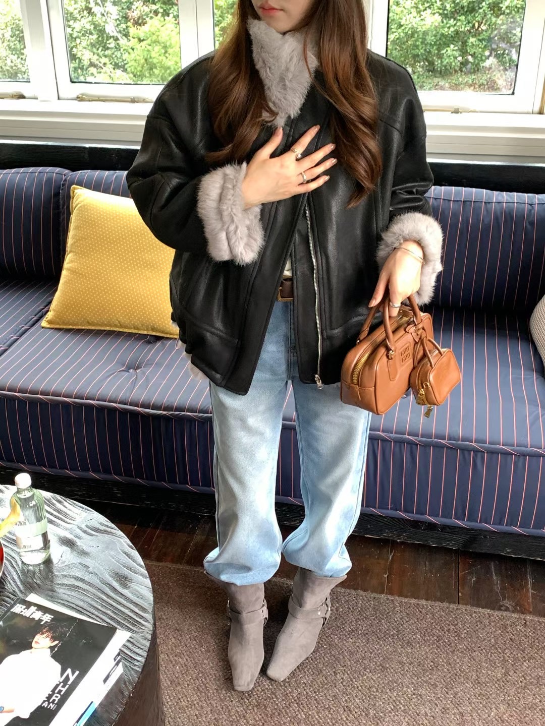 非真实价格：韩国Chic韩系休闲简约百搭翻獭兔皮草皮衣外套