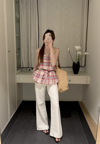 非真实价格：韩国Chic气质温柔小女人设计感时髦休闲格子套装
