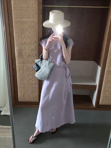 非真实价格：韩国Chic气质温柔小女人设计感时髦显白紫色连衣裙