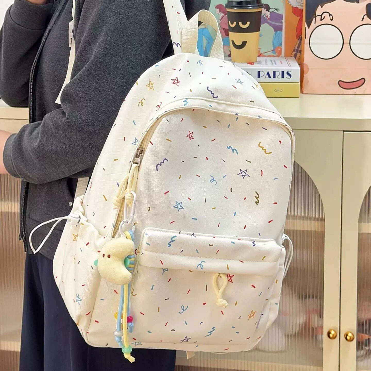 2026新款书包初中女生高中生高颜值ins风星星图案小学生大学生韩版双肩包旅游轻便大容量背包减负护脊书包女
