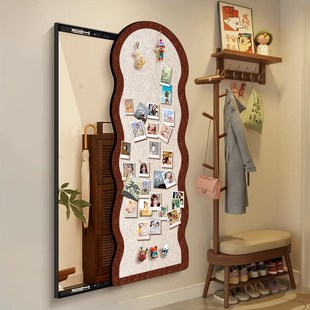 中古风玄关推拉镜挂画全身镜DIY毛毡板照片墙装饰画隐藏式穿衣镜