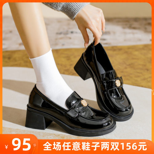 金币高跟b乐福鞋女春秋2024新款厚底单鞋英伦小皮鞋大码女鞋41一4