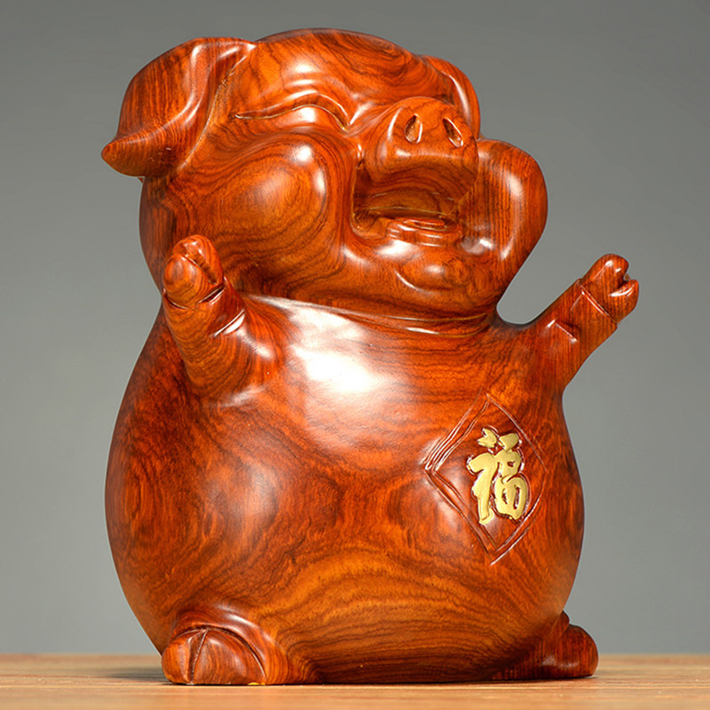 花梨木雕猪宝宝摆件新年装饰幸运猪福猪客厅摆设生肖猪红木工艺品
