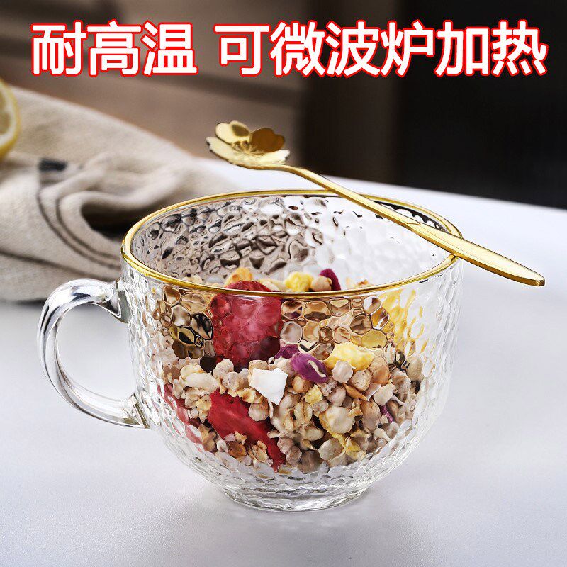 可微波炉加热早餐杯带盖勺咖啡牛奶杯H燕麦片玻璃杯耐高温喝水杯