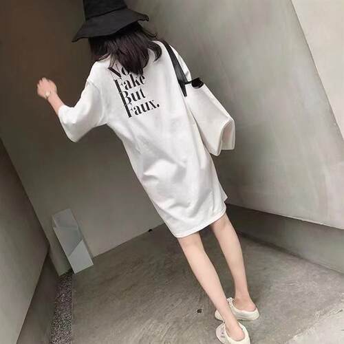欧货大版b中长款t恤女遮屁股大码200斤高个子加长版T恤裙宽松洋气
