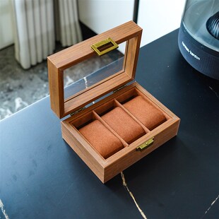 黑胡桃木纹棕色内里木质3祇装手表收纳H盒3位手表收藏展示盒防氧