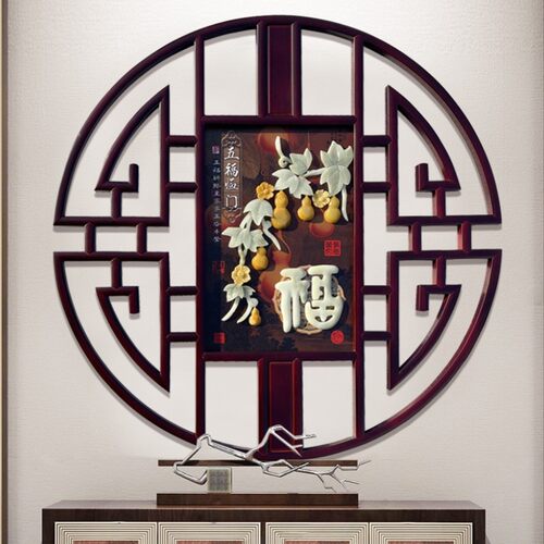 客厅装饰画沙发背景墙新中式入户玄关走廊尽头挂件玉雕画圆形墙画