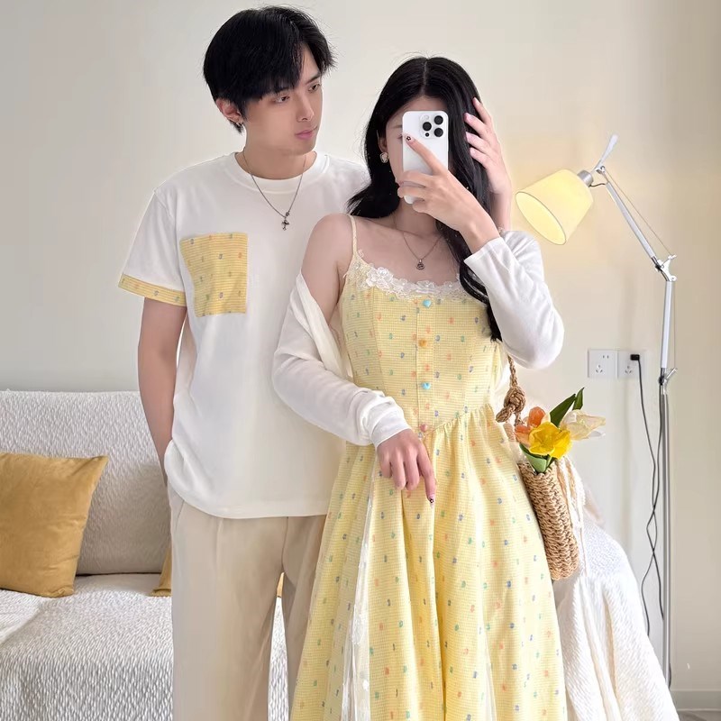 法式情侣装夏季一裙一衣气质撞色小众设计感2025新款潮流高级套装