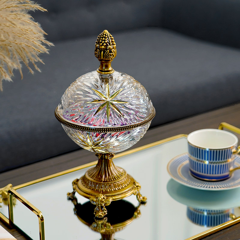 欧式金属高脚描金雕花玻璃装饰收纳罐摆件 客厅餐厅奢华糖果罐