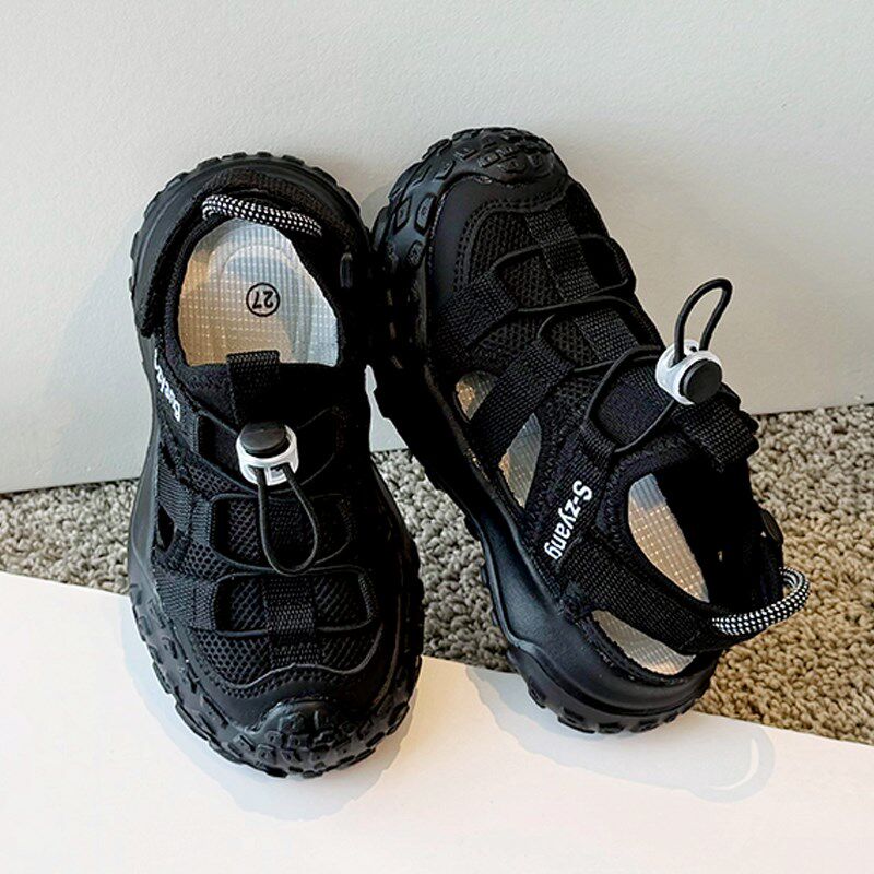 男童凉鞋包头2024新款夏季儿童运动网鞋透气网面大童黑色镂空男孩