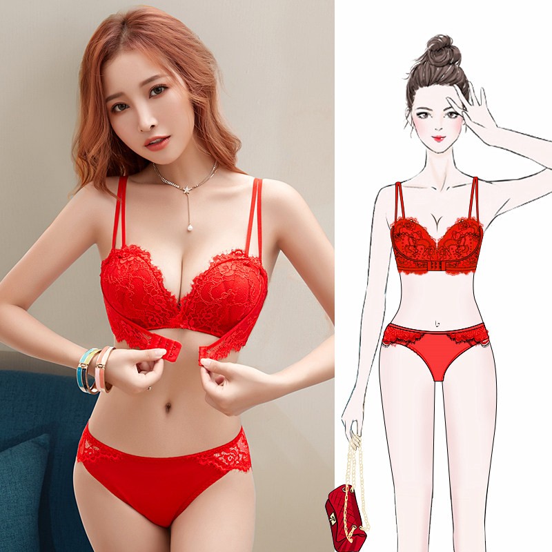 内衣套装女大红色结婚新娘蕾丝文胸D本命年无钢圈聚拢加厚小胸胸