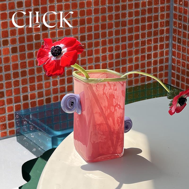 click覆古小耳朵方形花瓶装饰摆件小众彩色琉璃花瓶北欧风多巴胺