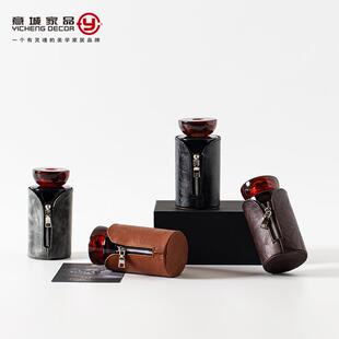 艺术品 北欧轻奢摩登高圆柱瓶带拉链皮套香薰摆件样板间卧室内软装