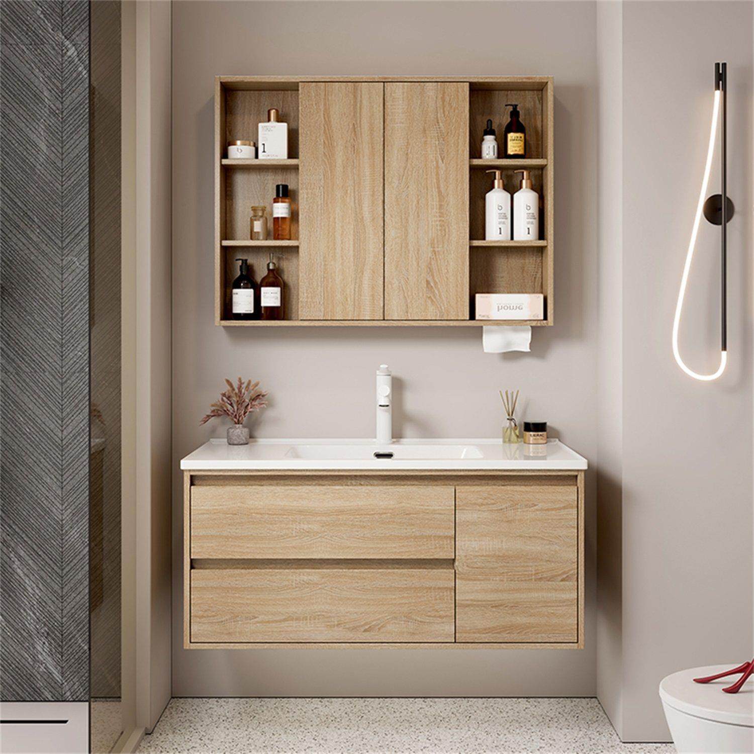 浴室柜组合一体陶瓷盆岩板隐藏折叠推拉化妆室洗脸盆手洗漱台定制