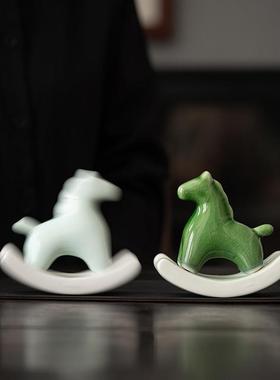 绿马 摇摇马 陶瓷工艺品摆件创意家居茶盘茶桌禅意装饰品生肖卡通