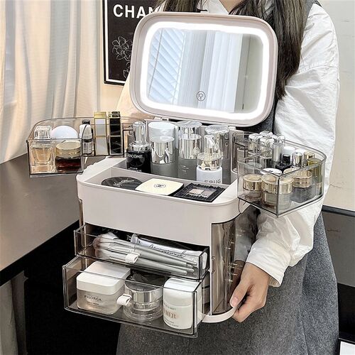 化妆镜台式led灯桌面带灯补光梳妆镜化妆L品防尘收纳盒一体置物架